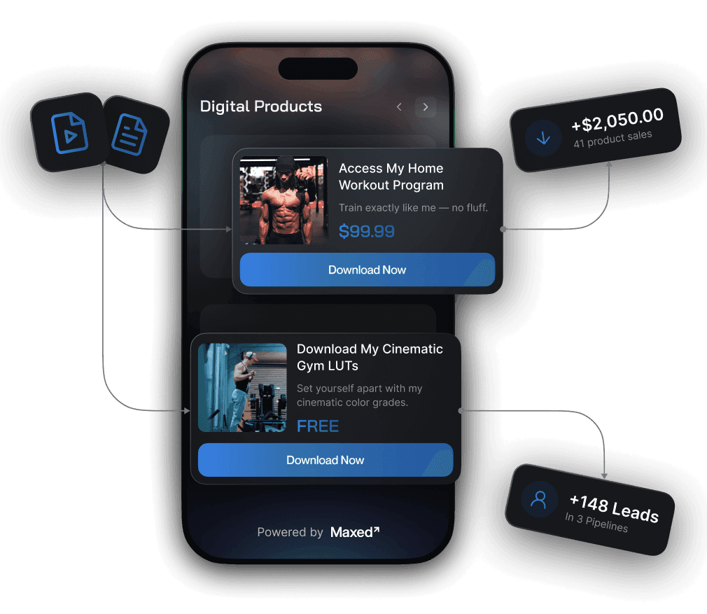 Digital product storefront with sales, lead counts, and pipeline flow